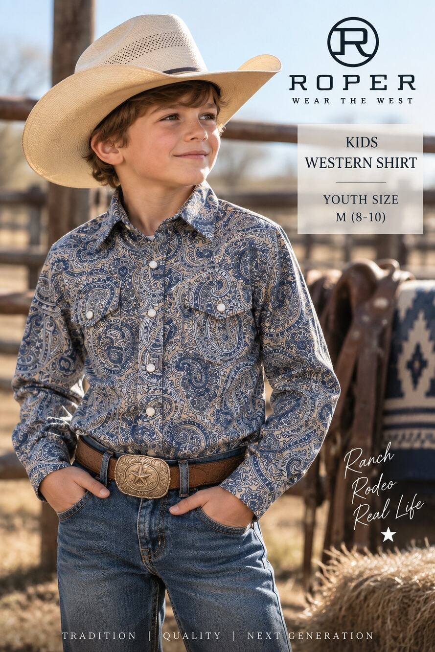 Roper Kids Sz M 8-10 Paisley Pearl Snap Western Shirt 100% Cotton Blue Cowboy
